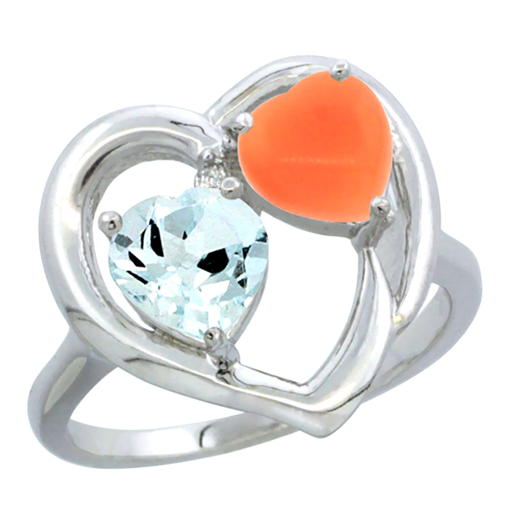 14K White Gold Diamond Two-stone Heart Ring 6mm Natural Aquamarine &amp; Coral, sizes 5-10