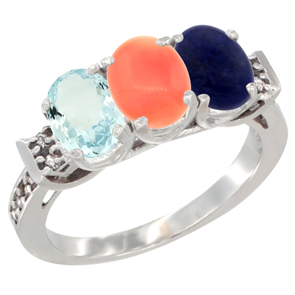 10K White Gold Natural Aquamarine, Coral & Lapis Ring 3-Stone Oval 7x5 mm Diamond Accent, sizes 5 - 10
