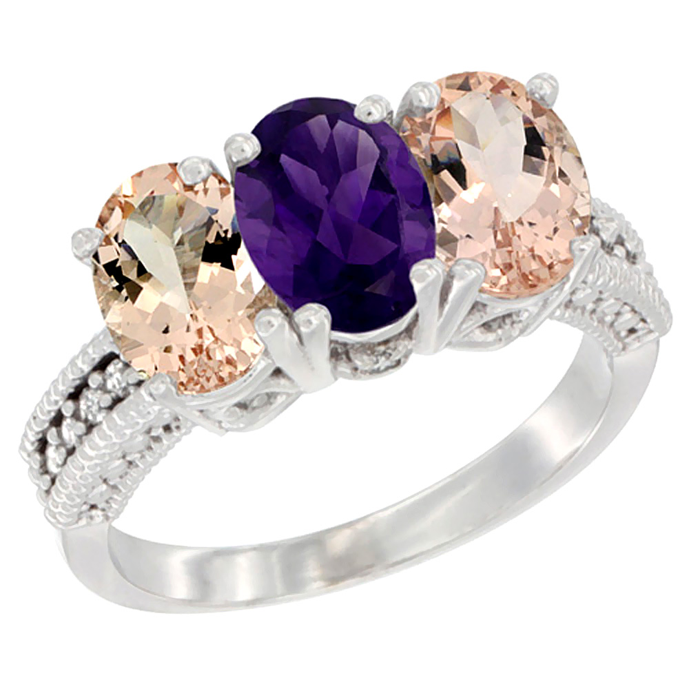 14K White Gold Natural Amethyst &amp; Morganite Sides Ring 3-Stone Oval 7x5 mm Diamond Accent, sizes 5 - 10