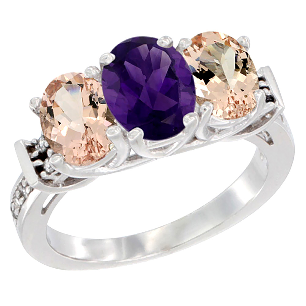 14K White Gold Natural Amethyst &amp; Morganite Sides Ring 3-Stone Oval Diamond Accent, sizes 5 - 10