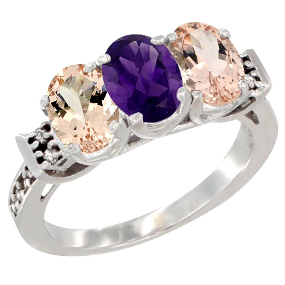 10K White Gold Natural Amethyst &amp; Morganite Sides Ring 3-Stone Oval 7x5 mm Diamond Accent, sizes 5 - 10