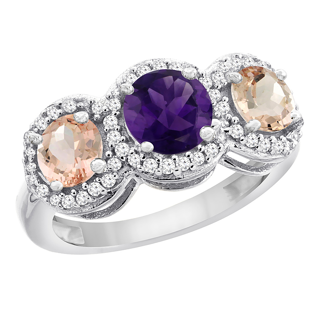 14K White Gold Natural Amethyst &amp; Morganite Sides Round 3-stone Ring Diamond Accents, sizes 5 - 10