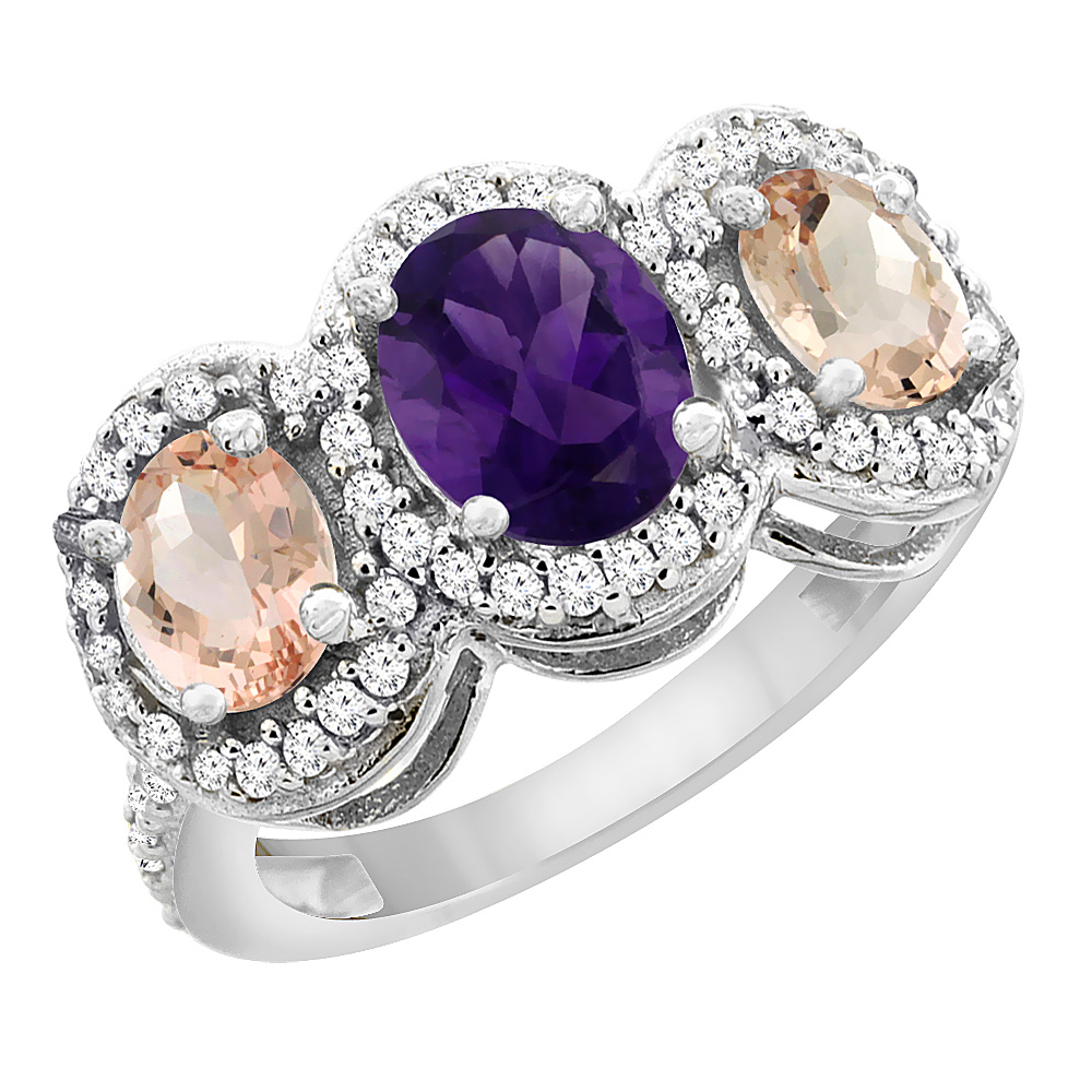 10K White Gold Natural Amethyst &amp; Morganite 3-Stone Ring Oval Diamond Accent, sizes 5 - 10