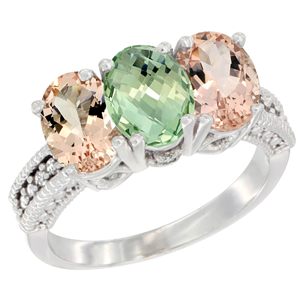 10K White Gold Natural Green Amethyst &amp; Morganite Sides Ring 3-Stone Oval 7x5 mm Diamond Accent, sizes 5 - 10