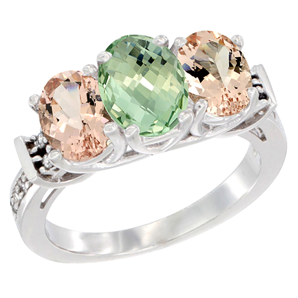14K White Gold Natural Green Amethyst &amp; Morganite Sides Ring 3-Stone Oval Diamond Accent, sizes 5 - 10