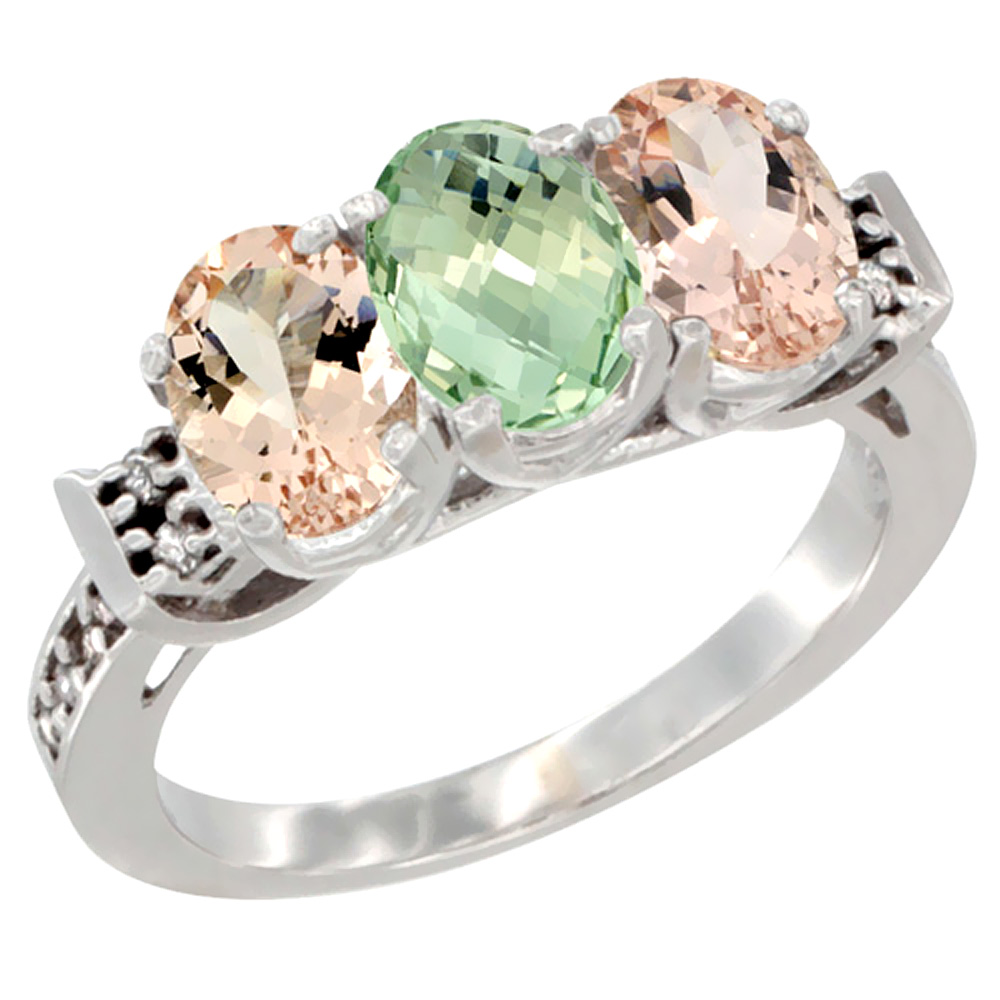14K White Gold Natural Green Amethyst &amp; Morganite Sides Ring 3-Stone Oval 7x5 mm Diamond Accent, sizes 5 - 10