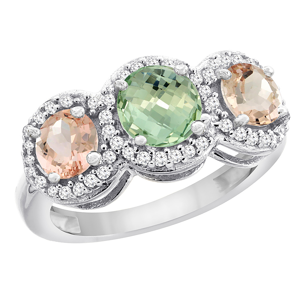 10K White Gold Natural Green Amethyst &amp; Morganite Sides Round 3-stone Ring Diamond Accents, sizes 5 - 10