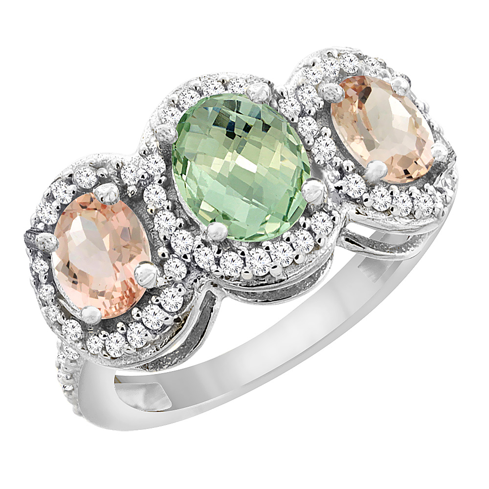 14K White Gold Natural Green Amethyst & Morganite 3-Stone Ring Oval Diamond Accent, sizes 5 - 10