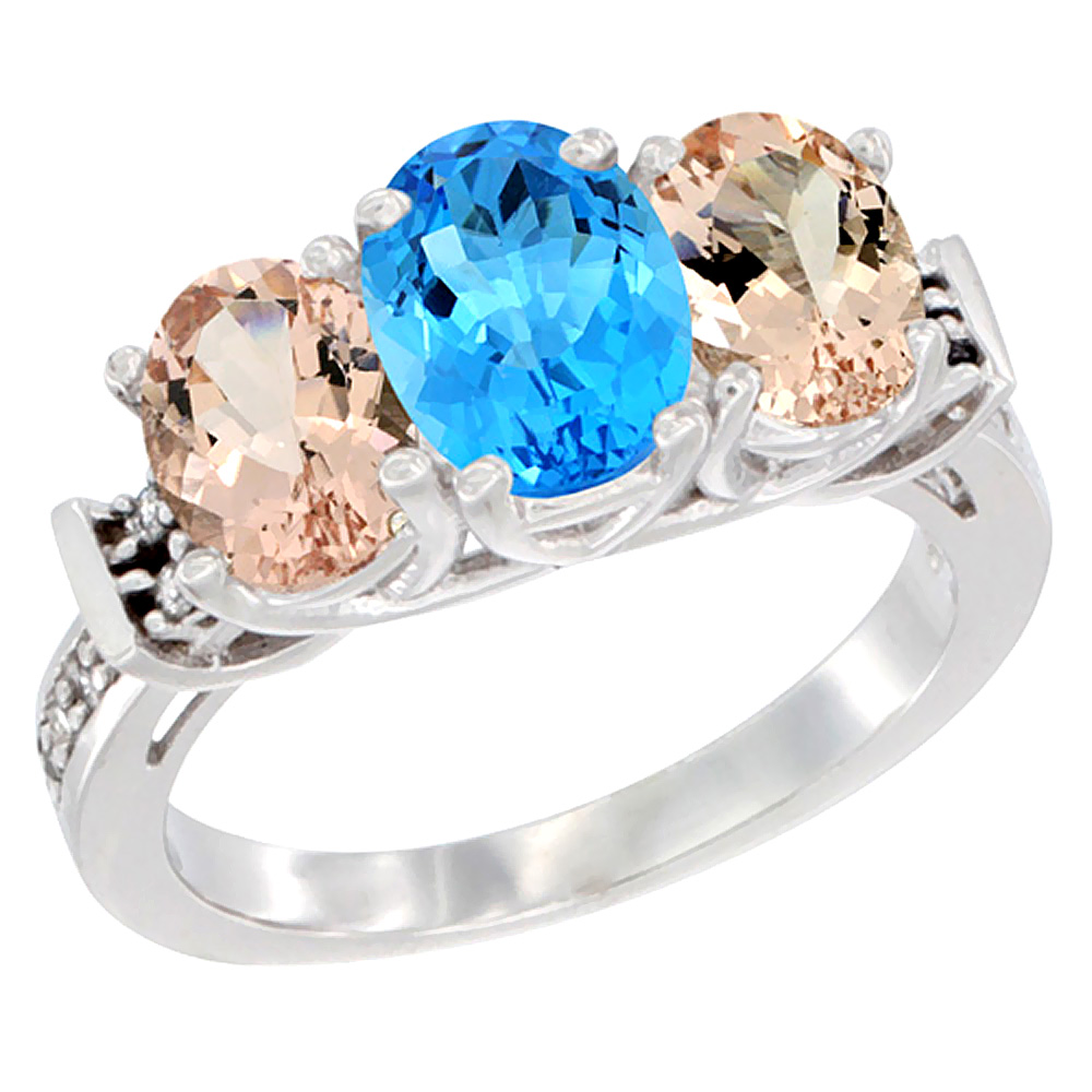 14K White Gold Natural Swiss Blue Topaz & Morganite Sides Ring 3-Stone Oval Diamond Accent, sizes 5 - 10