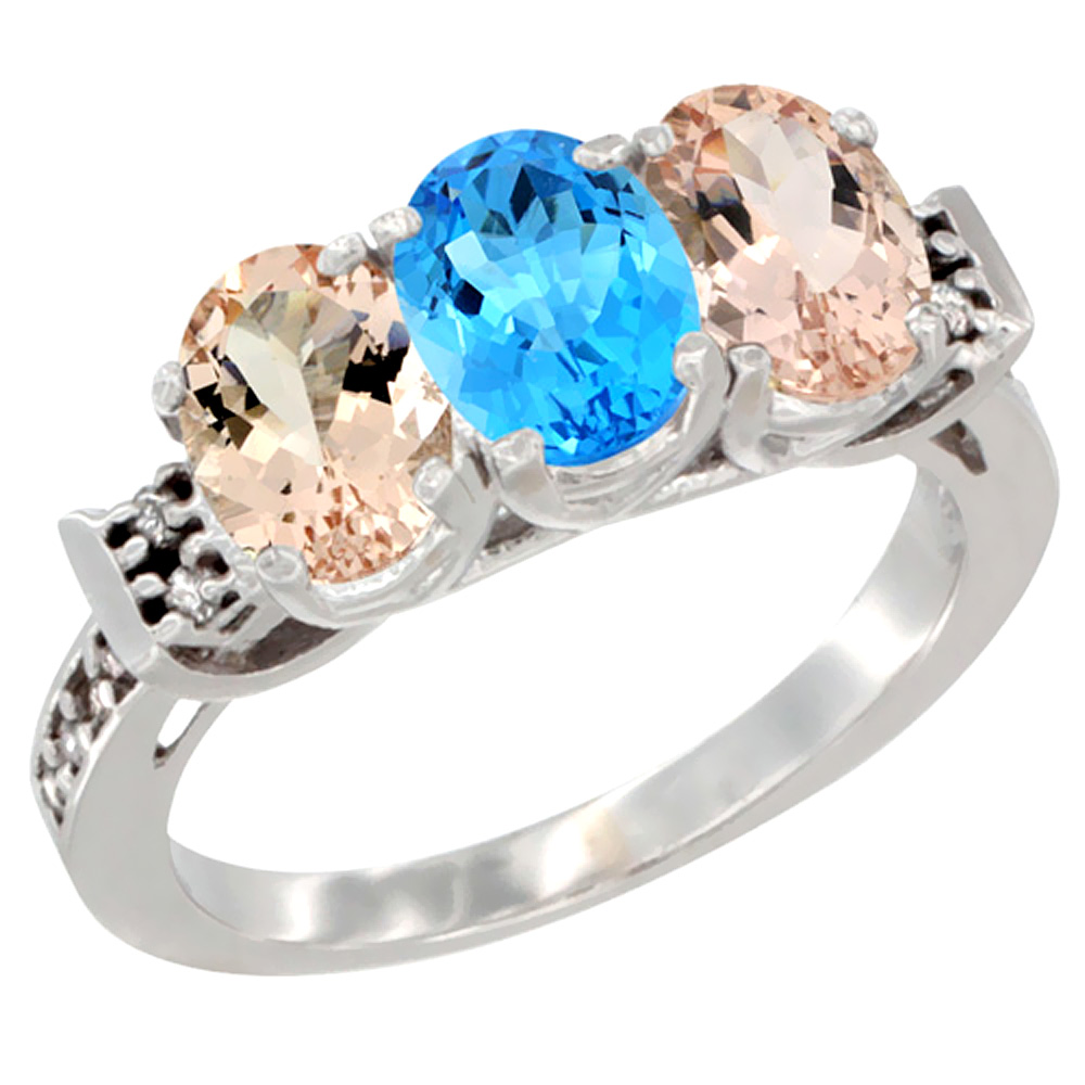 14K White Gold Natural Swiss Blue Topaz & Morganite Sides Ring 3-Stone Oval 7x5 mm Diamond Accent, sizes 5 - 10