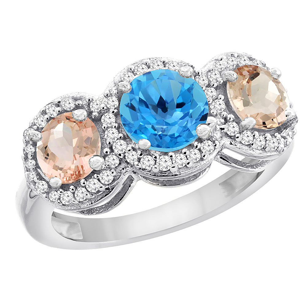 14K White Gold Natural Swiss Blue Topaz &amp; Morganite Sides Round 3-stone Ring Diamond Accents, sizes 5 - 10