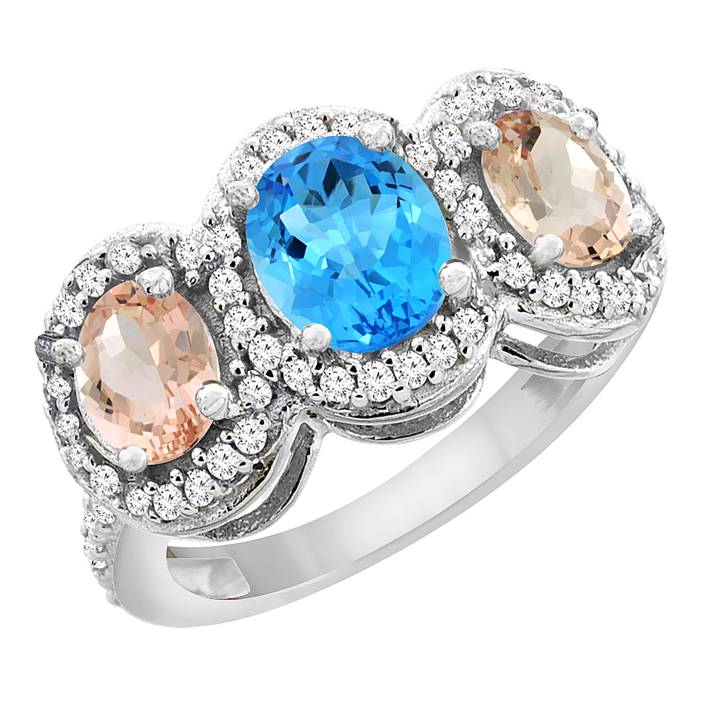 14K White Gold Natural Swiss Blue Topaz & Morganite 3-Stone Ring Oval Diamond Accent, sizes 5 - 10