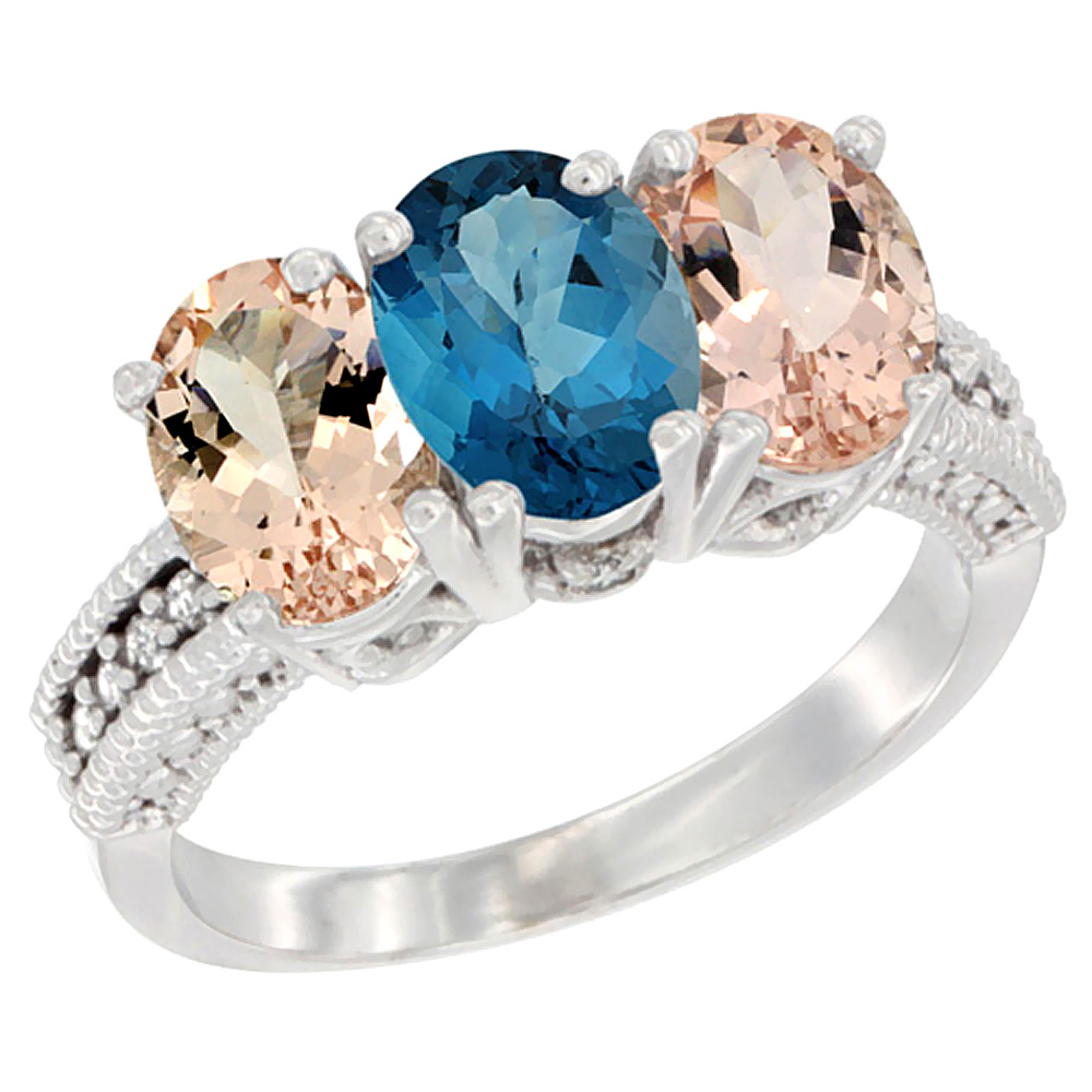 14K White Gold Natural London Blue Topaz & Morganite Sides Ring 3-Stone Oval 7x5 mm Diamond Accent, sizes 5 - 10
