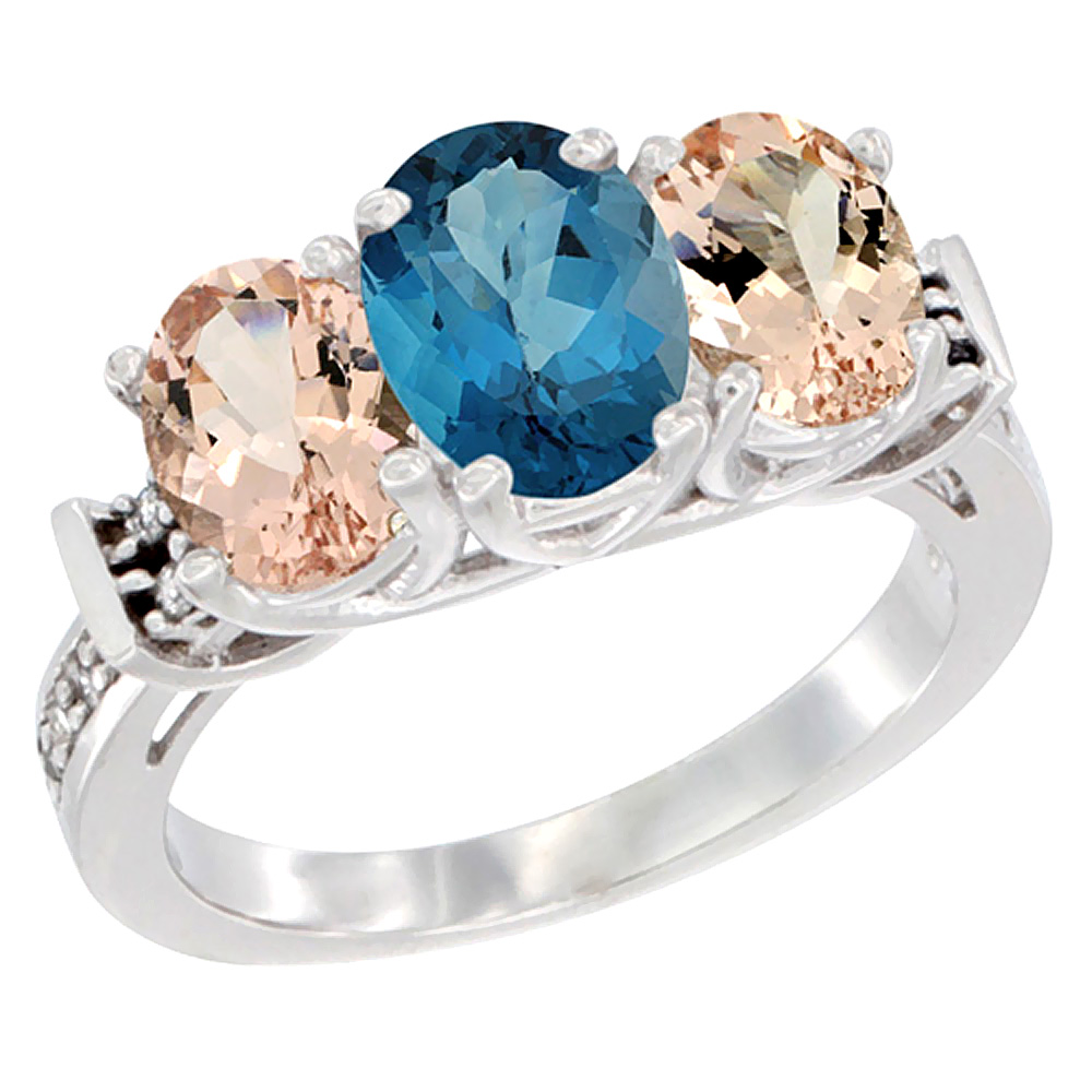 10K White Gold Natural London Blue Topaz &amp; Morganite Sides Ring 3-Stone Oval Diamond Accent, sizes 5 - 10