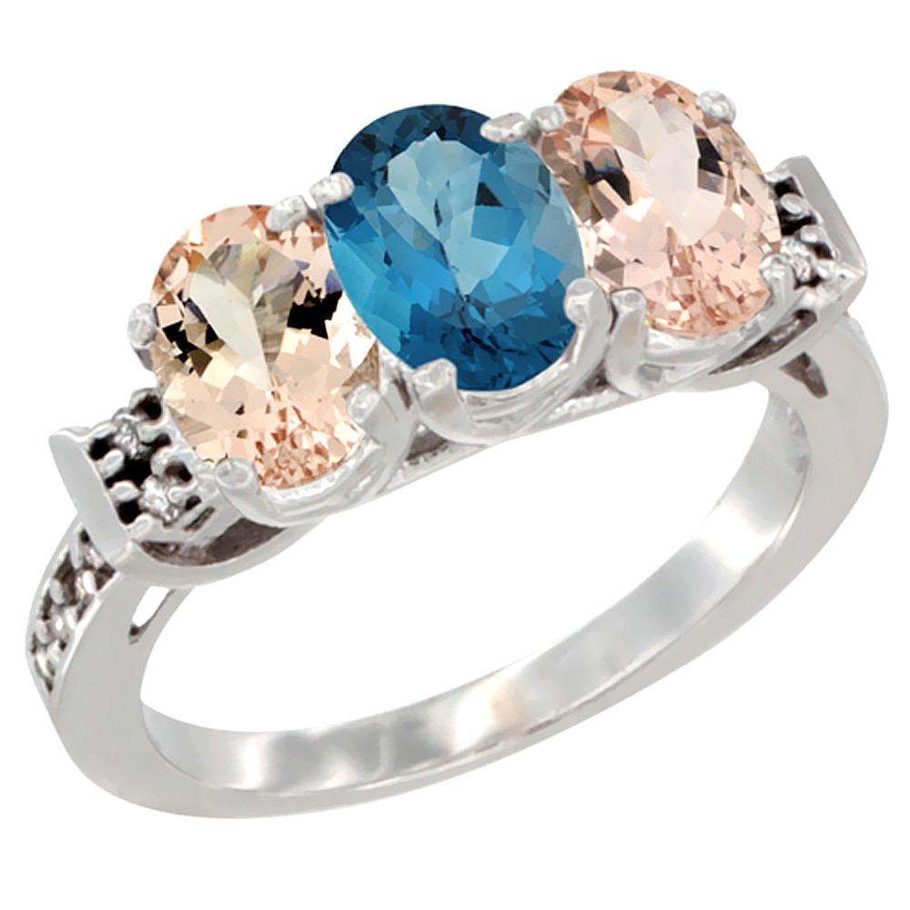 10K White Gold Natural London Blue Topaz &amp; Morganite Sides Ring 3-Stone Oval 7x5 mm Diamond Accent, sizes 5 - 10