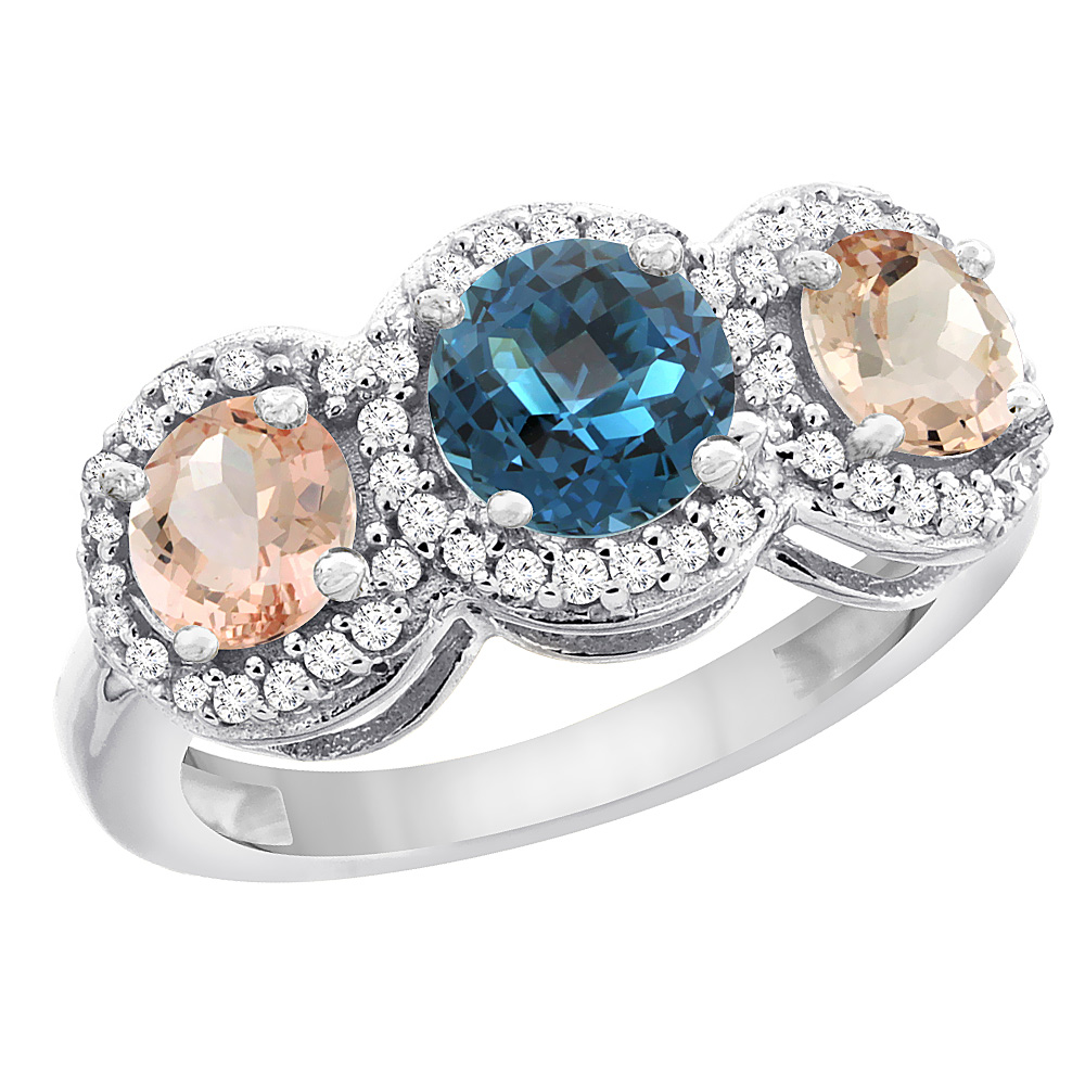 14K White Gold Natural London Blue Topaz &amp; Morganite Sides Round 3-stone Ring Diamond Accents, sizes 5 - 10
