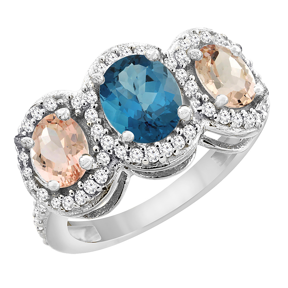 14K White Gold Natural London Blue Topaz & Morganite 3-Stone Ring Oval Diamond Accent, sizes 5 - 10