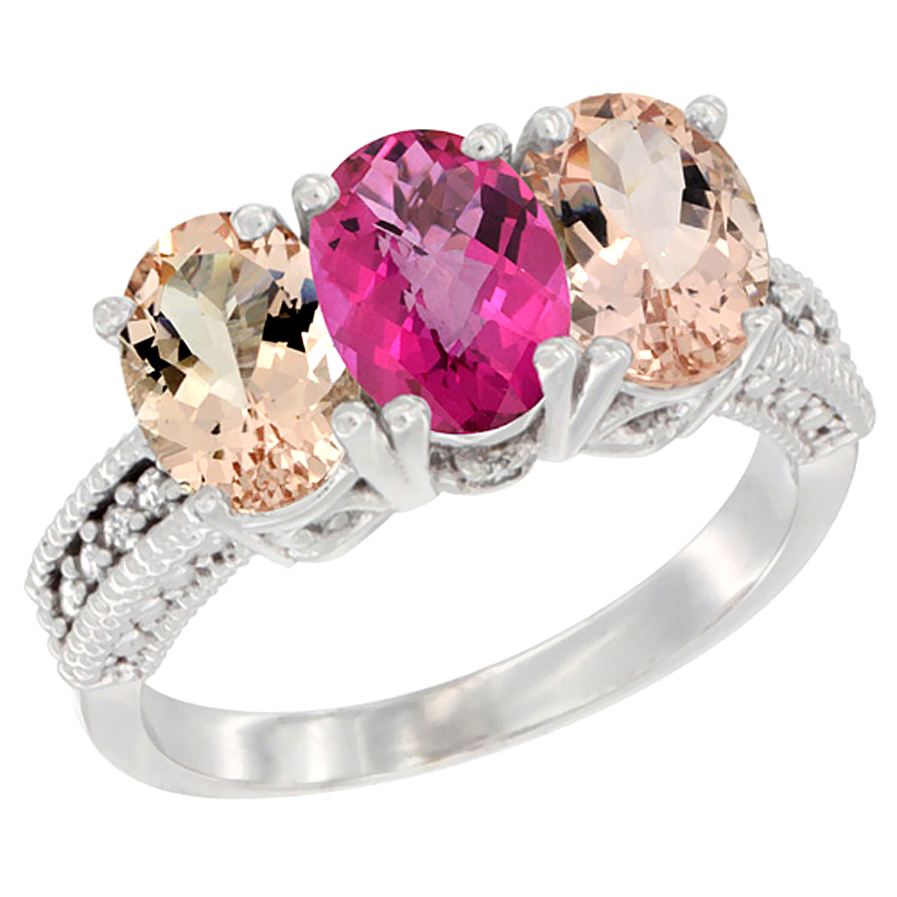 10K White Gold Natural Pink Topaz & Morganite Sides Ring 3-Stone Oval 7x5 mm Diamond Accent, sizes 5 - 10