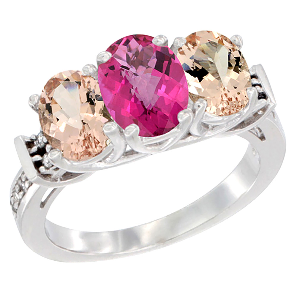 10K White Gold Natural Pink Topaz &amp; Morganite Sides Ring 3-Stone Oval Diamond Accent, sizes 5 - 10