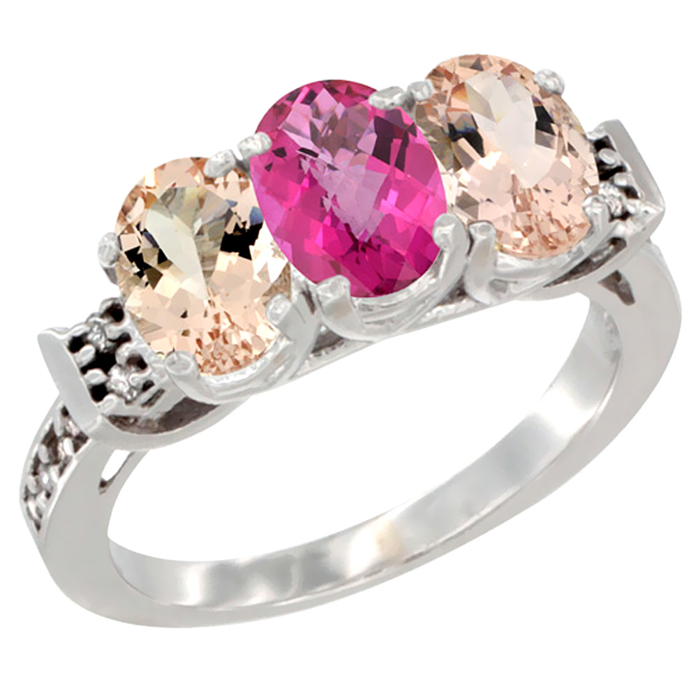 10K White Gold Natural Pink Topaz &amp; Morganite Sides Ring 3-Stone Oval 7x5 mm Diamond Accent, sizes 5 - 10