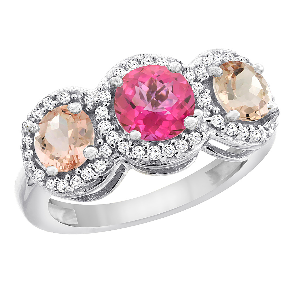 14K White Gold Natural Pink Topaz & Morganite Sides Round 3-stone Ring Diamond Accents, sizes 5 - 10