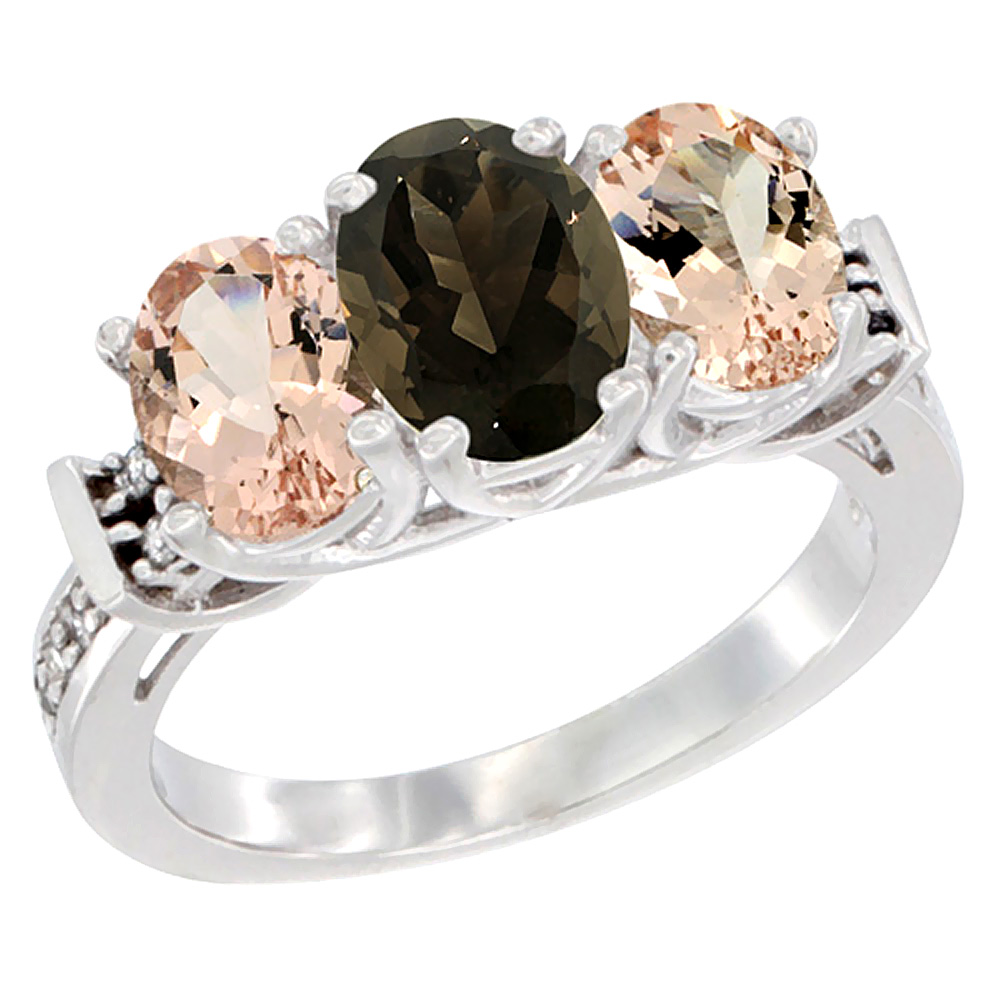 14K White Gold Natural Smoky Topaz & Morganite Sides Ring 3-Stone Oval Diamond Accent, sizes 5 - 10