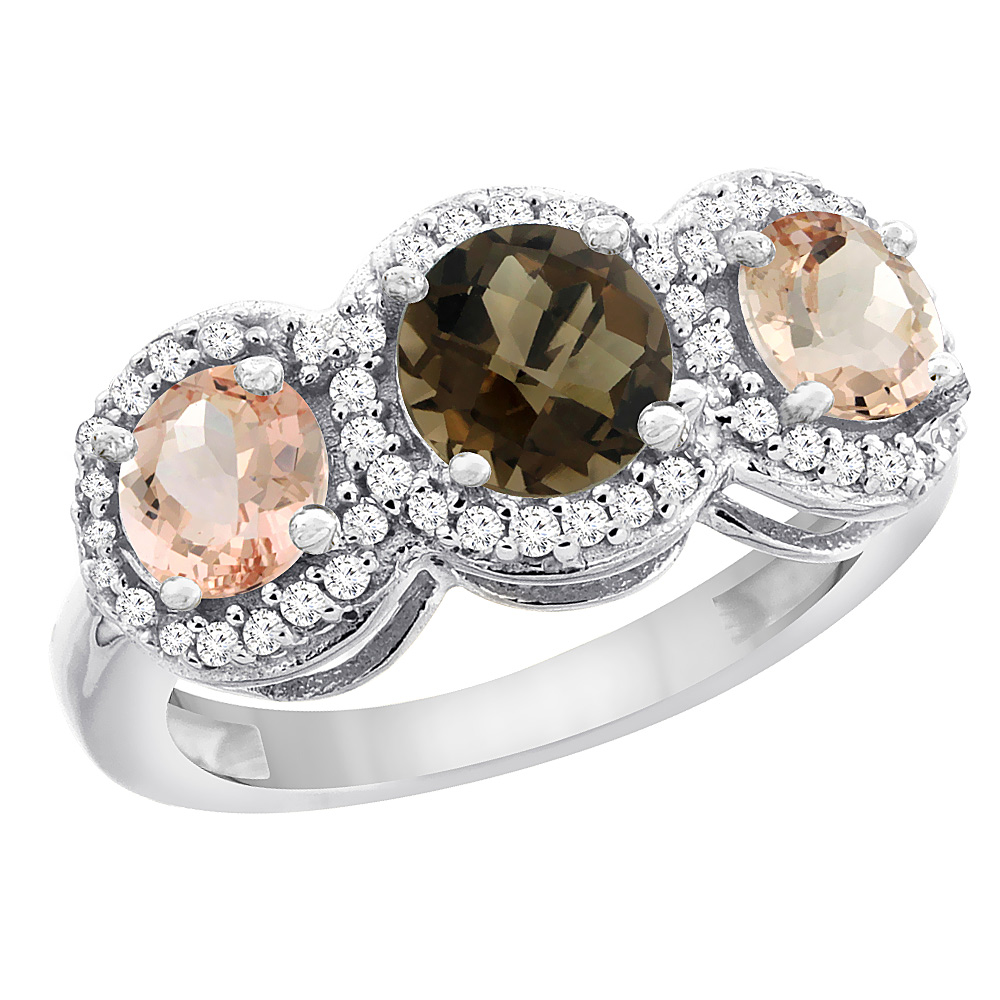 10K White Gold Natural Smoky Topaz & Morganite Sides Round 3-stone Ring Diamond Accents, sizes 5 - 10