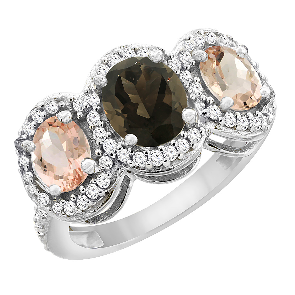10K White Gold Natural Smoky Topaz & Morganite 3-Stone Ring Oval Diamond Accent, sizes 5 - 10