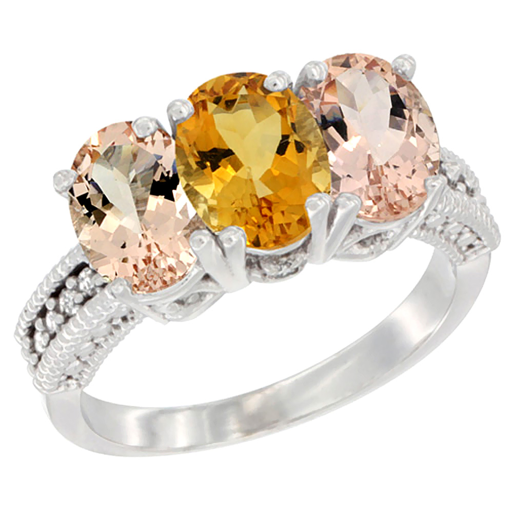 14K White Gold Natural Citrine & Morganite Sides Ring 3-Stone Oval 7x5 mm Diamond Accent, sizes 5 - 10