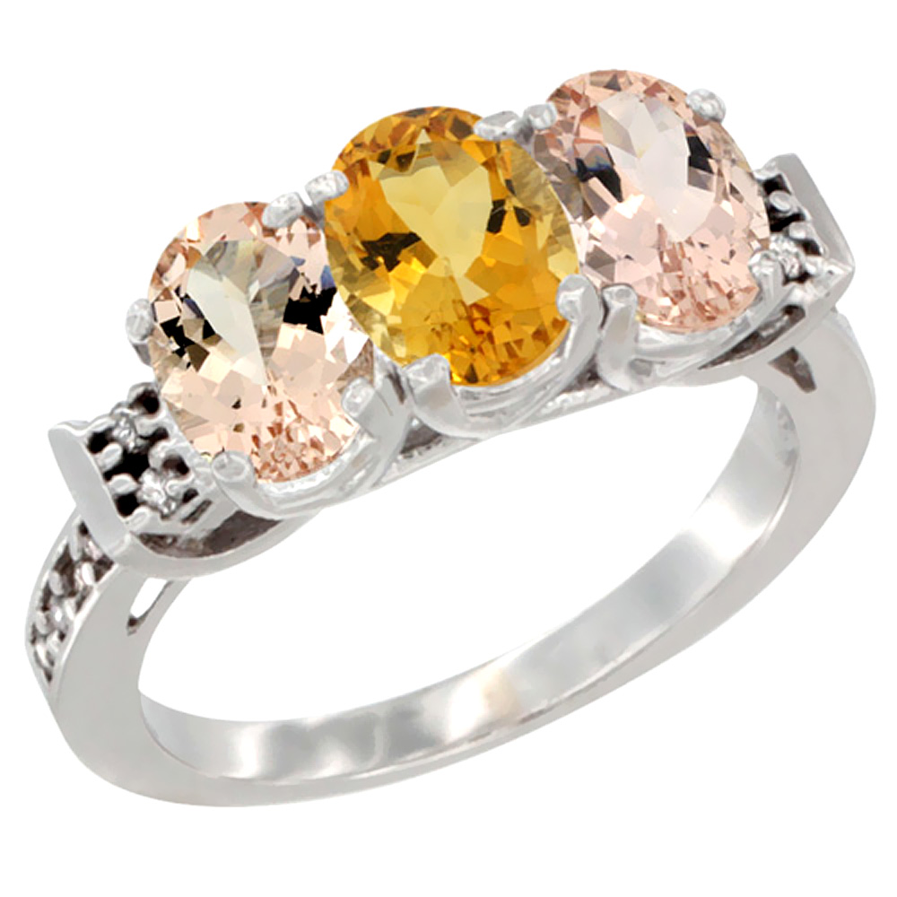 10K White Gold Natural Citrine &amp; Morganite Sides Ring 3-Stone Oval 7x5 mm Diamond Accent, sizes 5 - 10