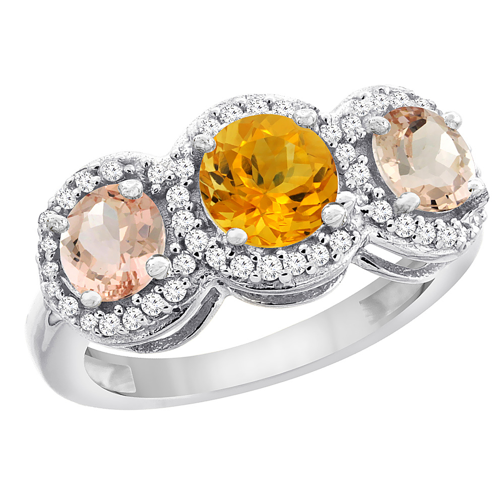14K White Gold Natural Citrine &amp; Morganite Sides Round 3-stone Ring Diamond Accents, sizes 5 - 10