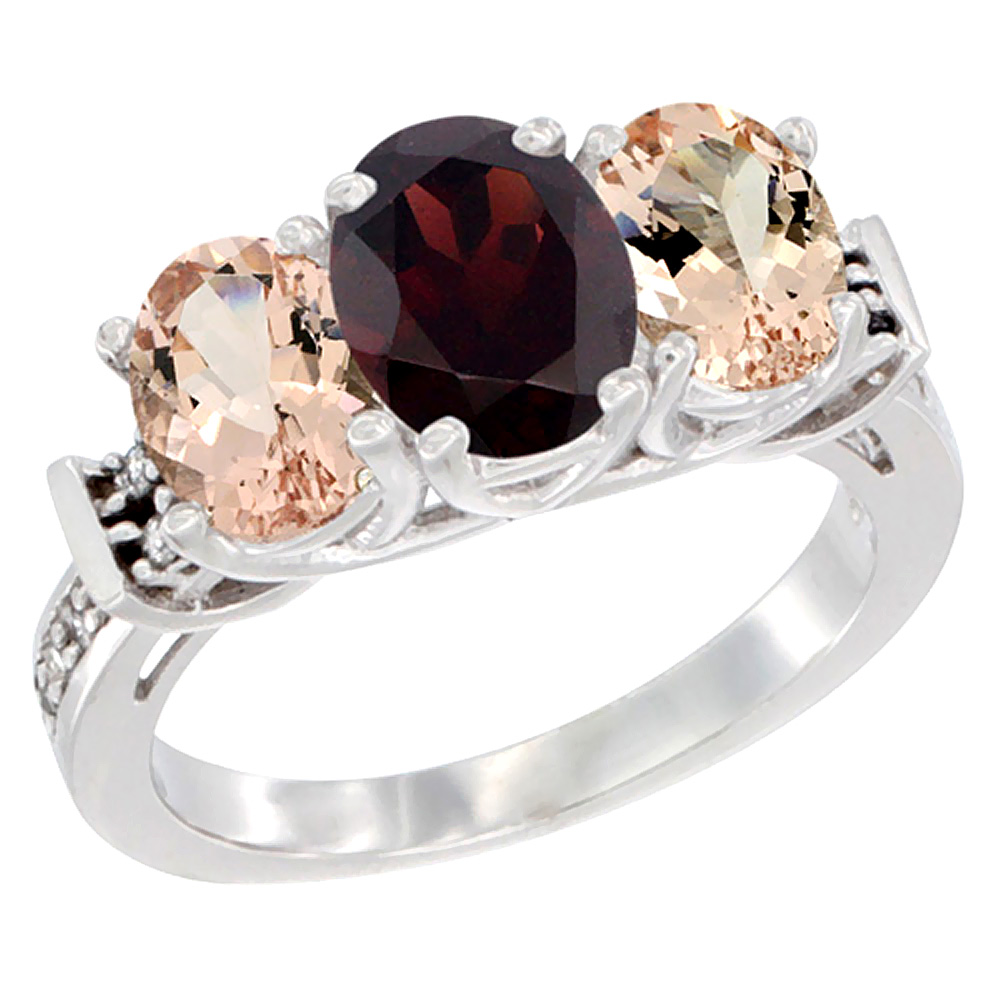 14K White Gold Natural Garnet &amp; Morganite Sides Ring 3-Stone Oval Diamond Accent, sizes 5 - 10