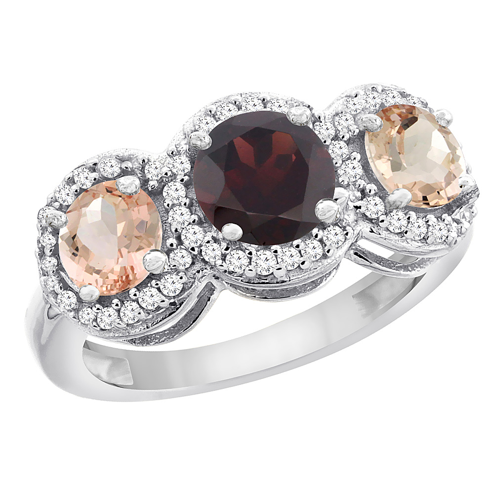 10K White Gold Natural Garnet &amp; Morganite Sides Round 3-stone Ring Diamond Accents, sizes 5 - 10
