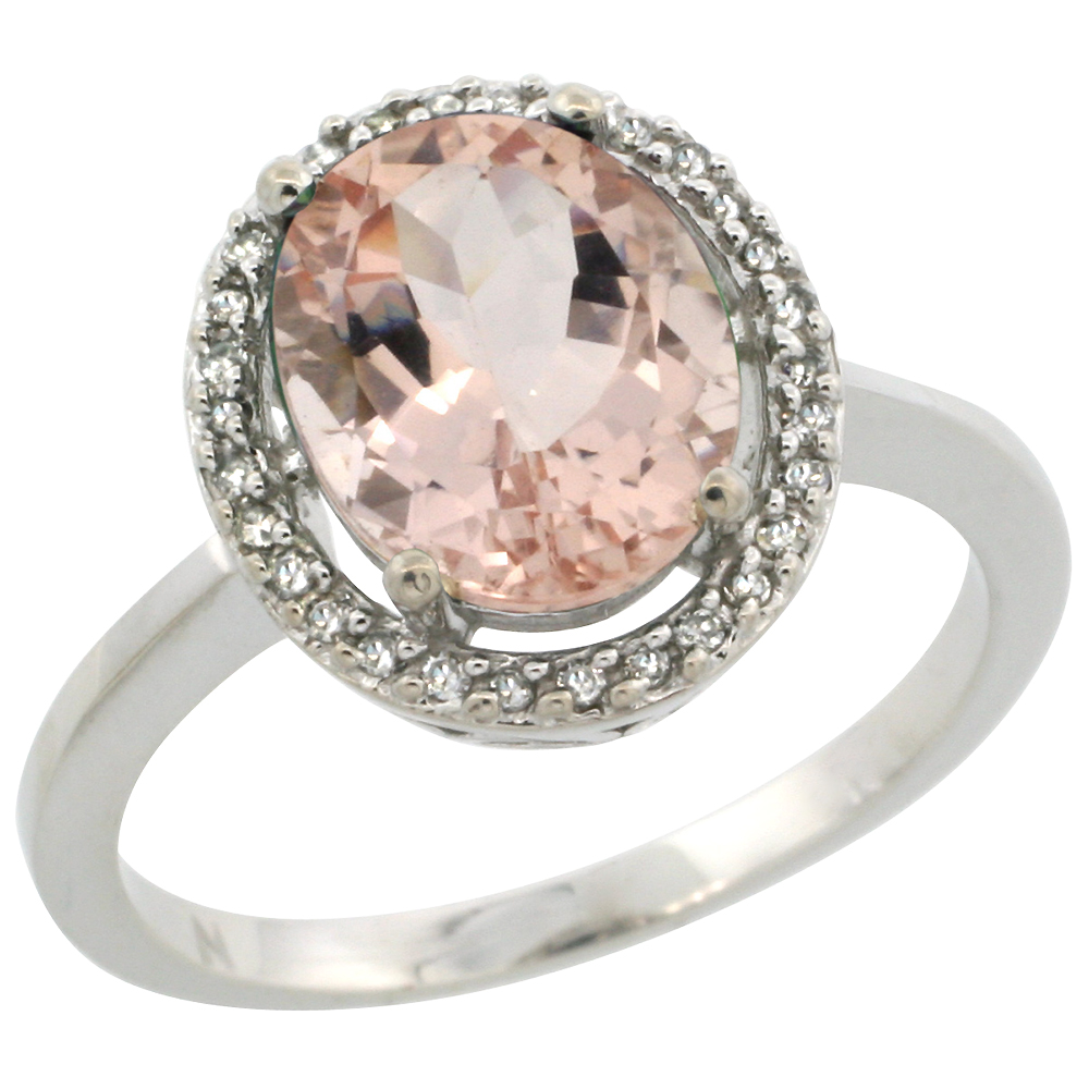 10K White Gold Diamond Halo Natural Morganite Engagement Ring Oval 10x8 mm, sizes 5-10