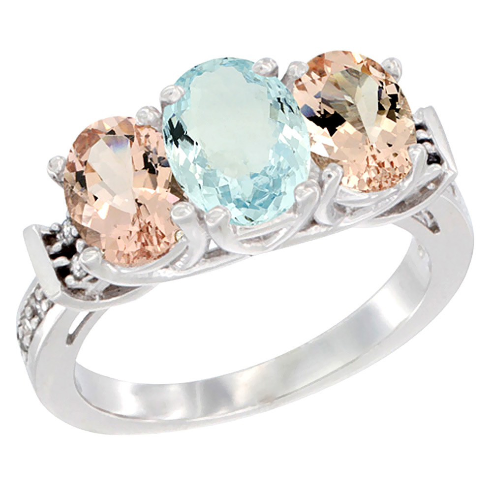 10K White Gold Natural Aquamarine & Morganite Sides Ring 3-Stone Oval Diamond Accent, sizes 5 - 10
