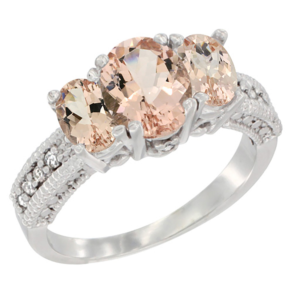 10K White Gold Diamond Natural Morganite Oval 3-stone Ring, sizes 5 - 10
