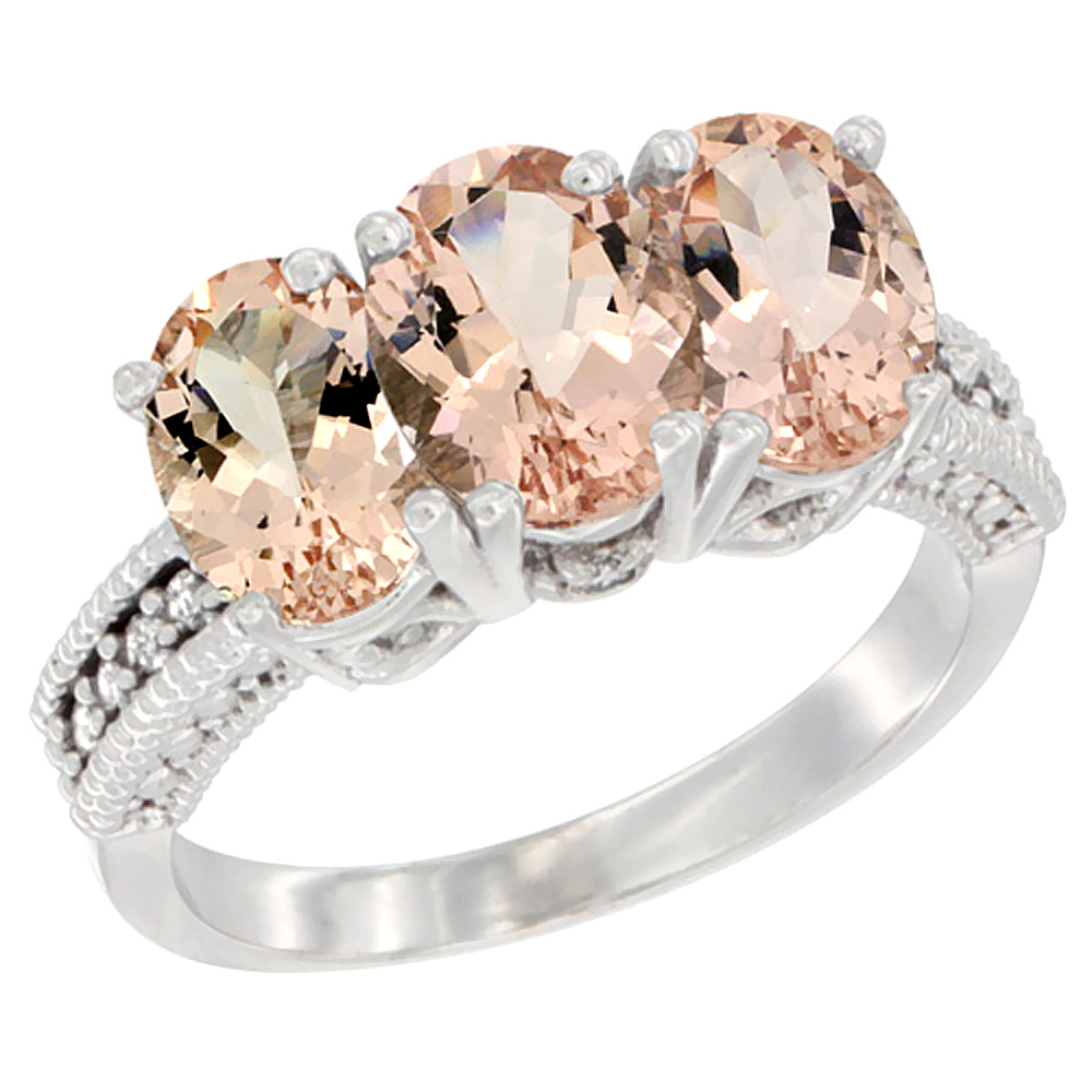 10K White Gold Natural Morganite Ring 3-Stone Oval 7x5 mm Diamond Accent, sizes 5 - 10