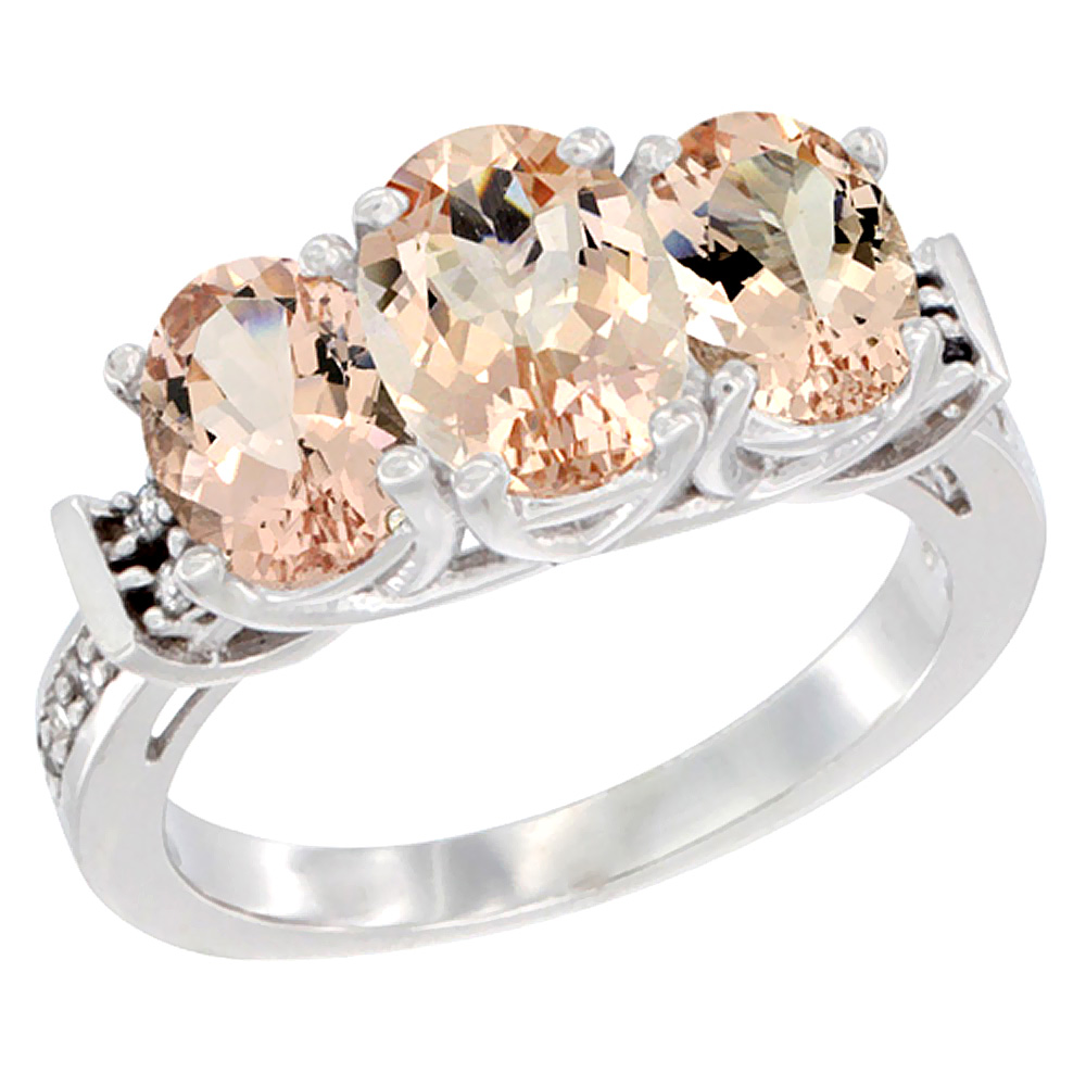 10K White Gold Natural Morganite Ring 3-Stone Oval Diamond Accent, sizes 5 - 10