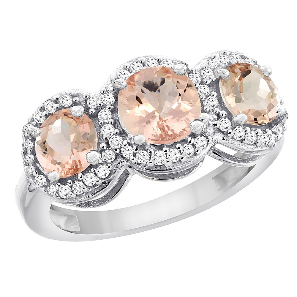 10K White Gold Natural Morganite Round 3-stone Ring Diamond Accents, sizes 5 - 10