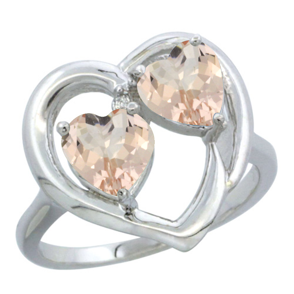 14K White Gold Diamond Two-stone Heart Ring 6mm Natural Morganite, sizes 5-10