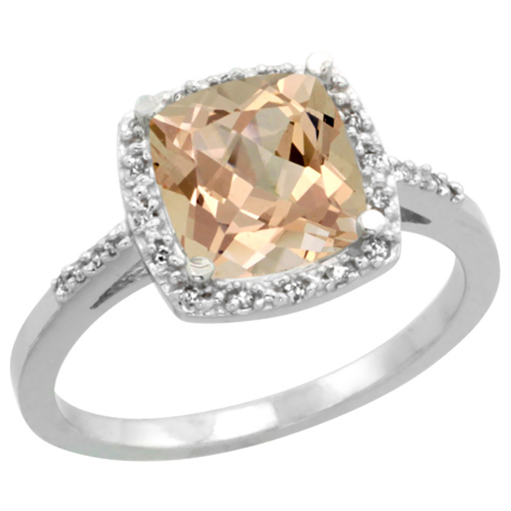 10K White Gold Diamond Natural Morganite Ring Cushion-cut 8x8 mm, sizes 5-10