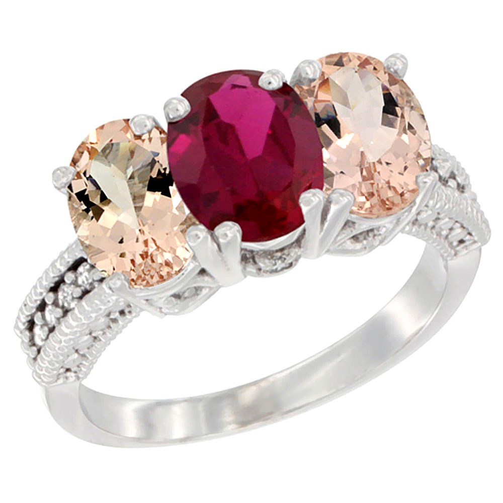 14K White Gold Enhanced Enhanced Ruby &amp; Natural Morganite Sides Ring 3-Stone Oval 7x5 mm Diamond Accent, sizes 5 - 10
