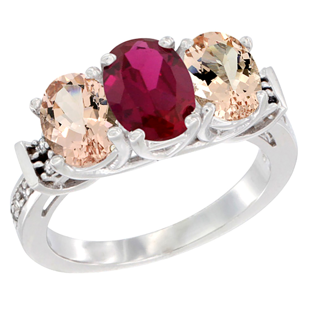 14K White Gold Natural High Quality Ruby &amp; Morganite Sides Ring 3-Stone Oval Diamond Accent, sizes 5 - 10