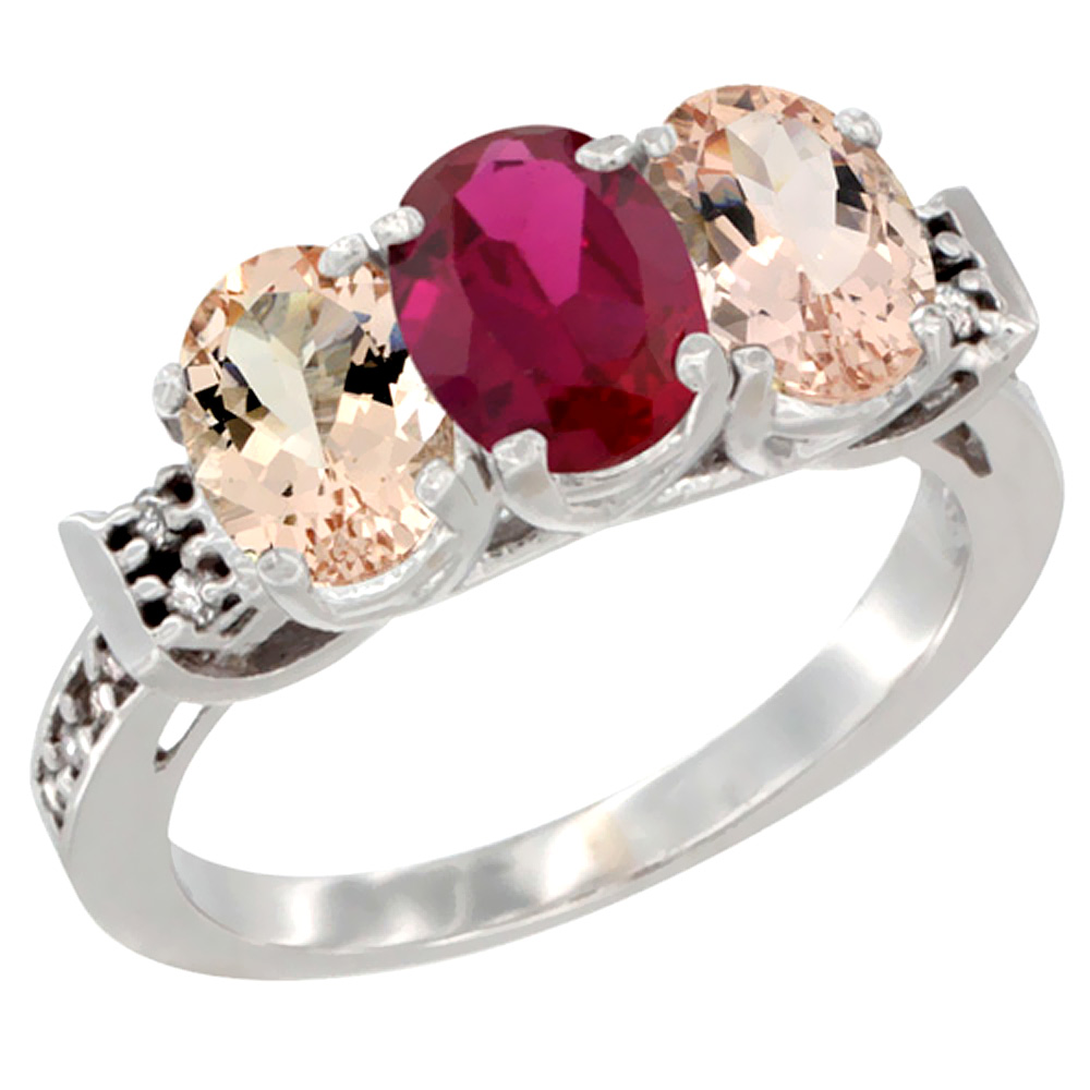 10K White Gold Enhanced Ruby & Natural Morganite Sides Ring 3-Stone Oval 7x5 mm Diamond Accent, sizes 5 - 10