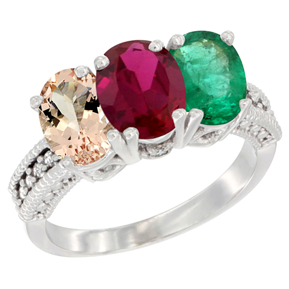 10K White Gold Natural Morganite, Enhanced Ruby & Natural Emerald Ring 3-Stone Oval 7x5 mm Diamond Accent, sizes 5 - 10