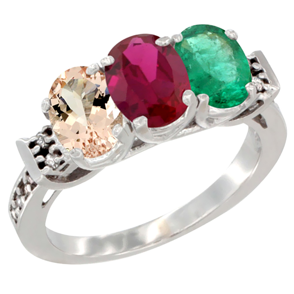10K White Gold Natural Morganite, Enhanced Ruby & Natural Emerald Ring 3-Stone Oval 7x5 mm Diamond Accent, sizes 5 - 10