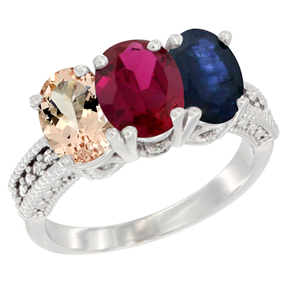 10K White Gold Natural Morganite, Enhanced Ruby & Natural Blue Sapphire Ring 3-Stone Oval 7x5 mm Diamond Accent, sizes 5 - 10
