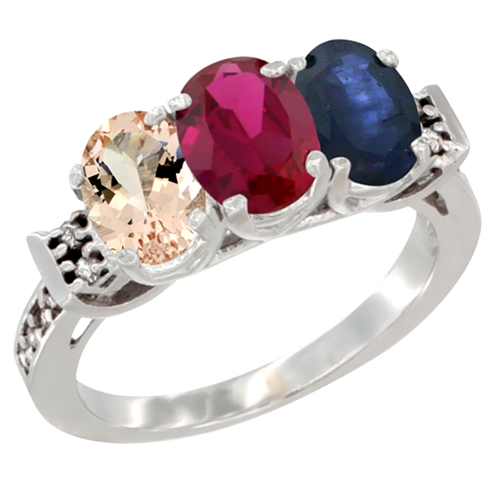 14K White Gold Natural Morganite, Enhanced Ruby & Natural Blue Sapphire Ring 3-Stone Oval 7x5 mm Diamond Accent, sizes 5 - 10