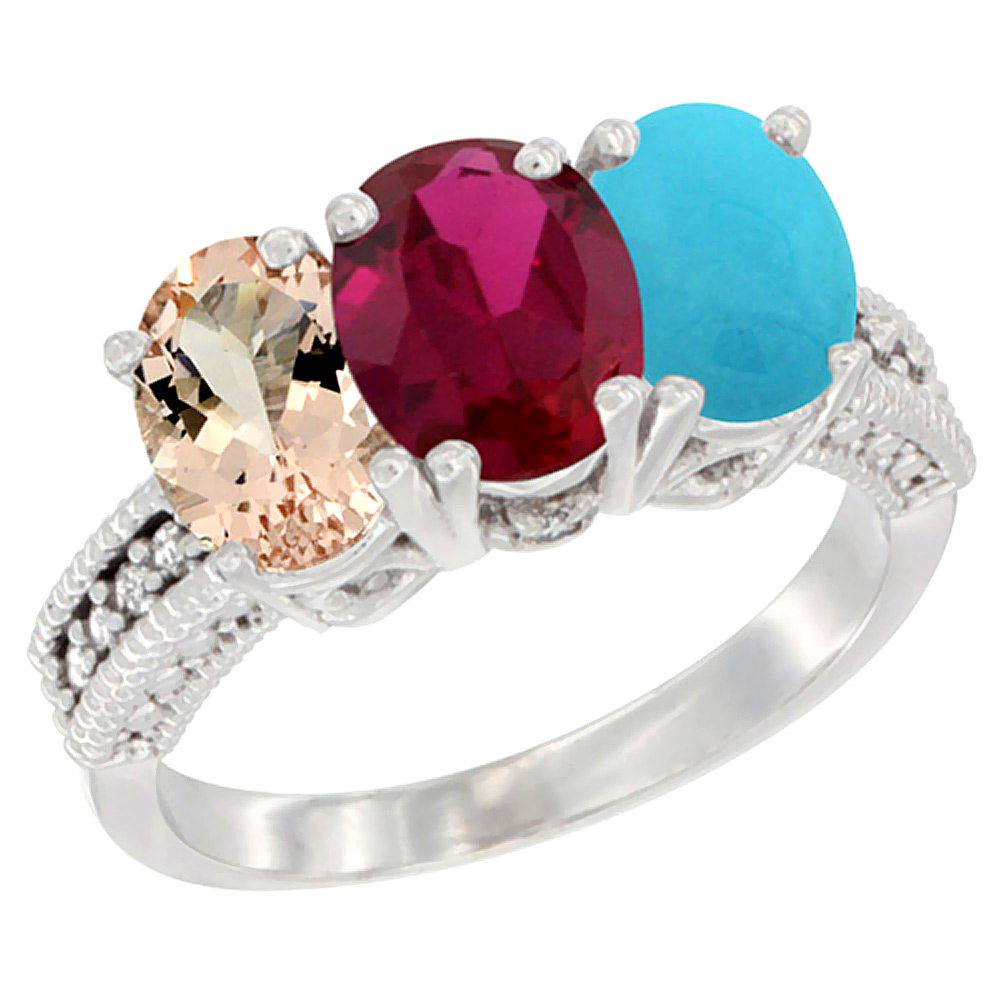 10K White Gold Natural Morganite, Enhanced Ruby &amp; Natural Turquoise Ring 3-Stone Oval 7x5 mm Diamond Accent, sizes 5 - 10