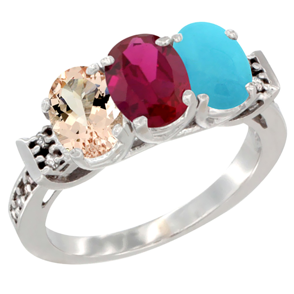 10K White Gold Natural Morganite, Enhanced Ruby & Natural Turquoise Ring 3-Stone Oval 7x5 mm Diamond Accent, sizes 5 - 10